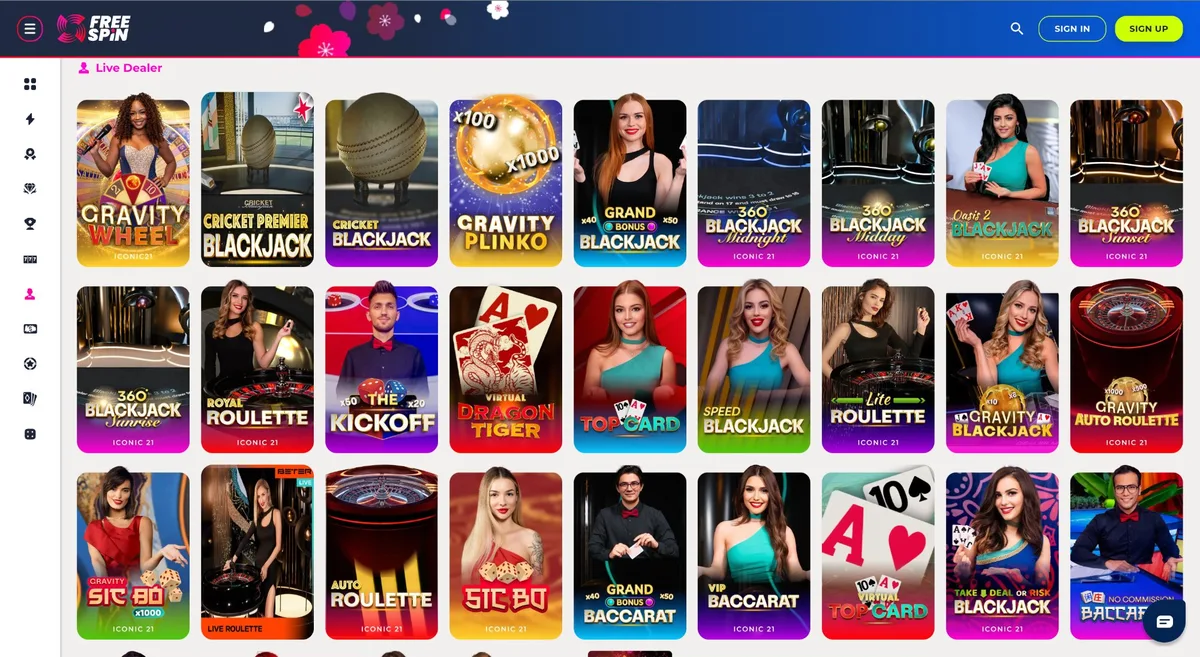 Free Spin Casino Missouri live dealer section with real dealers for roulette and blackjack