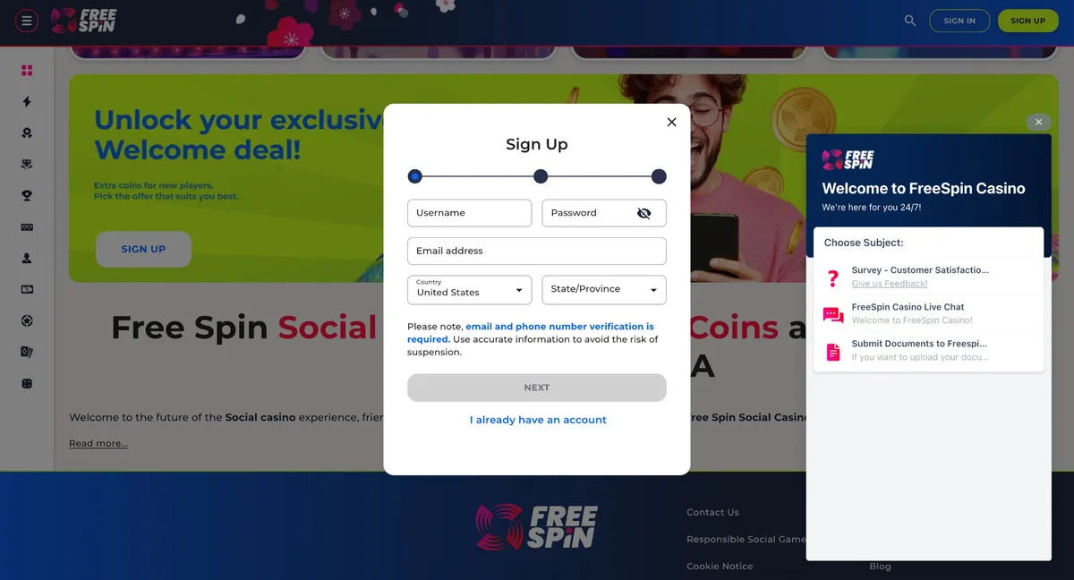 Free Spin Casino Missouri registration form — state selection for Missouri players